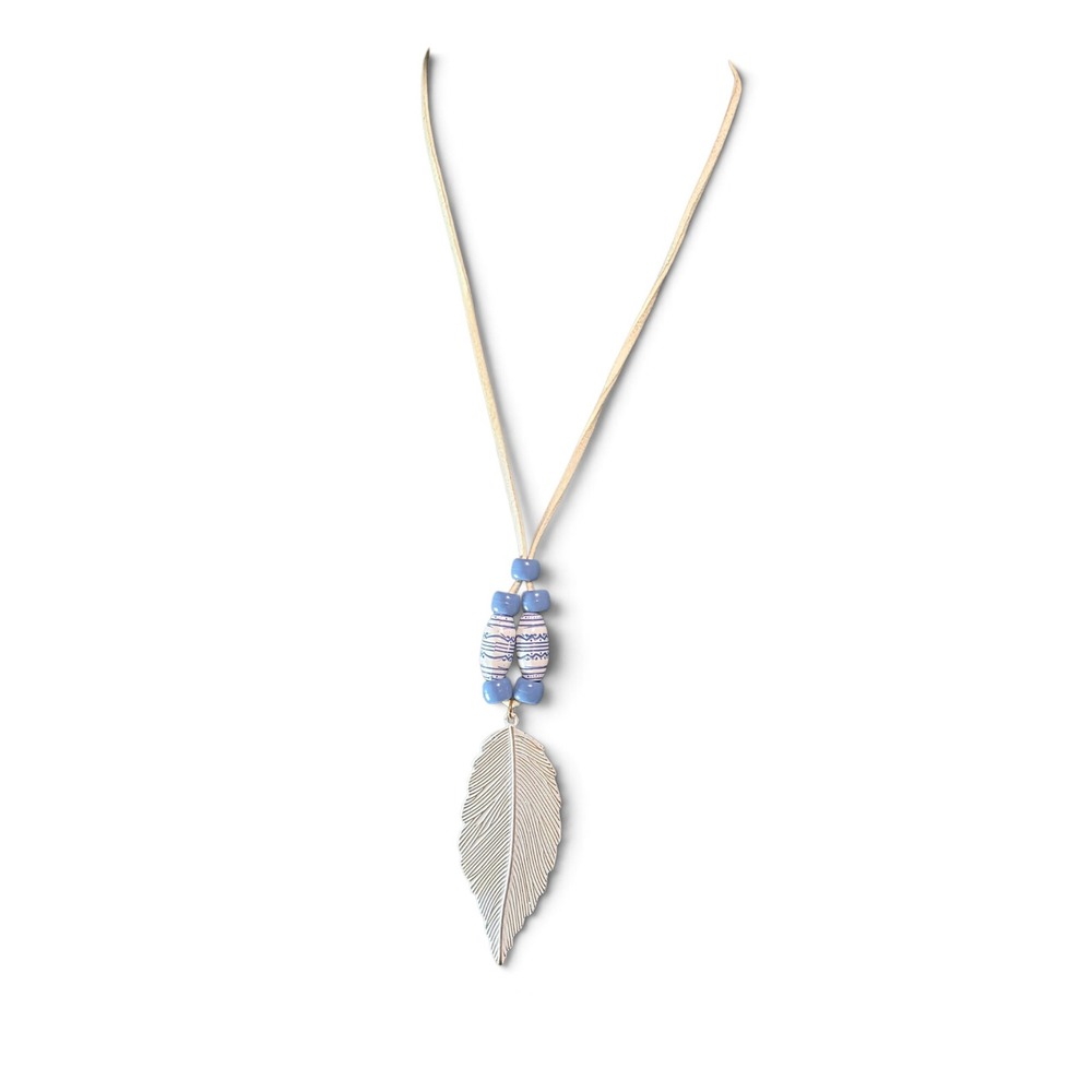 Boho Blue Beaded Feather Pendant Long Cord Necklace white and Gold Tone Tribal - Picture 9 of 11